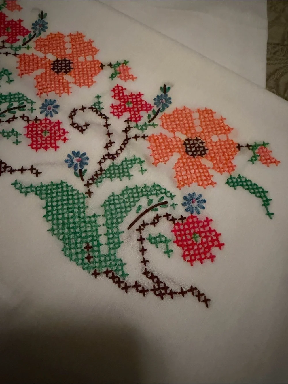 VTG Hand Cross Stitched Floral Pillowcase Set Cottagecore Embroidered Standard